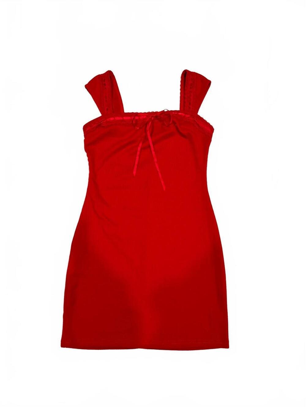Charlotte Russe Red Pointelle Eyelet Ribbon Mini Dress Medium Coquette Y2K